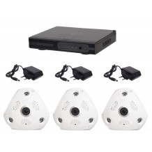 Kit supraveghere wireless PANORAMIC AKU 3 camere IP rezolutie CLEAR HD 1.3 MP + NVR 4 canale 1080P 3-5M audio video H264 interior carcase plastic iesire internet cu vizualizare pe telefon mobil tableta desktop